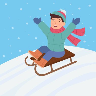 Küçük mutlu çocuk kar tepelerinden kayıyor. Kış eğlencesi Vektör illüstrasyonu