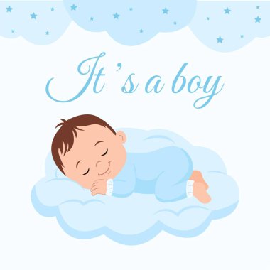 Mavi bir bulutta uyuyan tatlı bir erkek bebek. Bu bir erkek geçmişi. Cinsiyet tespiti, bebek partisi, bebek anonsu. Tebrik kartı, davetiye kartı. Vektör İllüstrasyonu