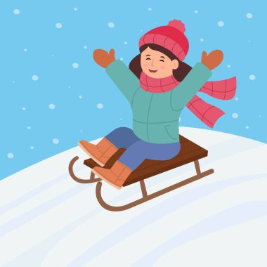 Küçük mutlu kız kar tepelerinden kayıyor. Kış eğlencesi Vektör illüstrasyonu