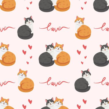 Birbirine aşık komik kedilerin kusursuz desenleri. Tatlı hayvanlar ve kalpler. Vektör çizimi. 
