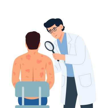 Doktor, sırtında iltihap ya da kırmızı lekeler olan sağlıksız adamı muayene ediyor. Deri iltihabı, egzama, sedef, kuru deri. Cilt sorunları. Sağlık hizmetleri. Düz vektör illüstrasyonu.