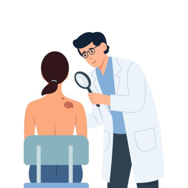 Elinde büyüteç olan doktor kadın derisini inceler ve melanom formunu bulur. Deri kanseri kavramı. Onkoloji ya da dermatolojik sorunlar. Vektör İllüstrasyonu