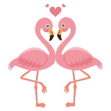 Birbirine aşık pembe flamingolu bir çiftin şirin bir çizimi. Flamingolar tek ayak üstünde ve kafalarının üstünde kalpler var. Sevgililer Günü.
