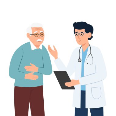Doktor karnı ağrıyan eski bir hastayla konuşuyor. Doktor kıdemli adama danışır, teşhis koyar, reçete yazar. Tıp, sağlık ve insan konsepti. Vektör İllüstrasyonu