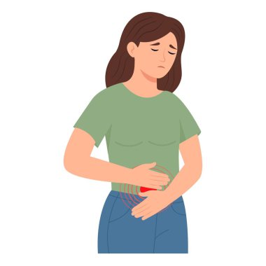 Karın ağrısı çeken bir kadın. Apandisit, ağrı kesici, endometriyozis. Vektör İllüstrasyonu