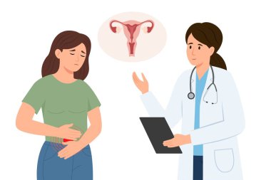 Bir doktor bir hastayla konuşuyor. Bir kadın ayakta duruyor ve midesinde regl ağrısı var. Endometriyozis, endometriyum fonksiyon bozukluğu. Endometriyozis Hakkında Farkındalık Ayı.