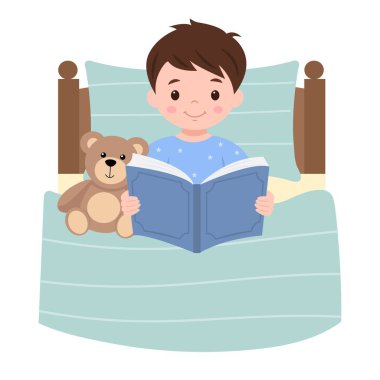 Yatakta oyuncak ayıyla kitap okuyan sevimli bir çocuk. Gece okuma, yatma vakti. Vektör illüstrasyonu