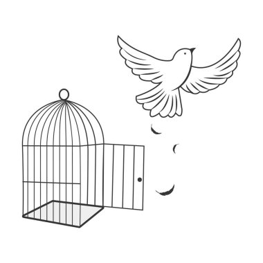 Açılmış kanatları olan bir kuş açık bir kafesten uçuyor. Özgürlük kavramı. Vektör illüstrasyonu