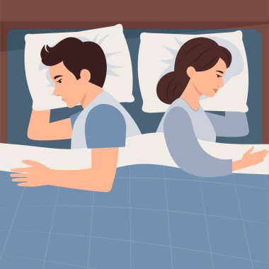 Yataktaki çift birbirlerine geri döndüler. Yanlış anlama, anlaşmazlık, ilişki sorunları, mahrem sorunlar, cinsel işlev bozukluğu. Kadın ve erkek kavga ediyor. Vektör illüstrasyonu.