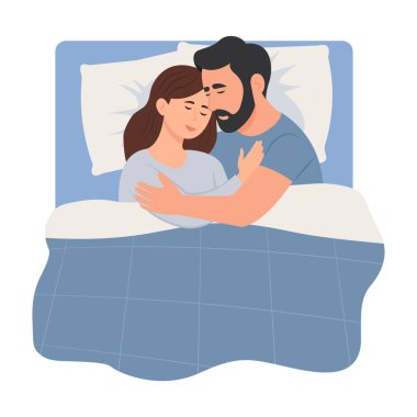 Aşk çifti yatakta birlikte rüya görüyorlar. Uyuyan insanlar, romantik partnerler. Koca uykusunda karısına sarılıyor. Düz vektör illüstrasyonu 