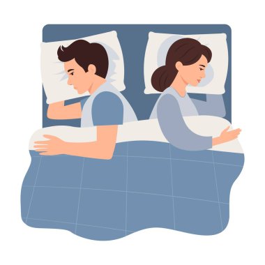 Yataktaki çift birbirlerine geri döndüler. Yanlış anlama, anlaşmazlık, ilişki sorunları, mahrem sorunlar, cinsel işlev bozukluğu. Kadın ve erkek kavga ediyor. Vektör illüstrasyonu.