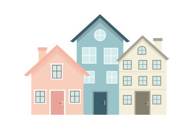 Beyaz arka planda izole edilmiş şirin evler. Caddedeki farklı evler, ön manzara. Vektör illüstrasyonu