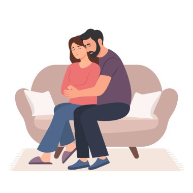 Şefkatli koca teselli veriyor, üzgün eşe destek oluyor. İlişki, şefkat kavramı. Vektör İllüstrasyonu