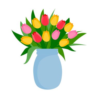 Vazoda bir buket lale. Çiçekler. Vektör çizimi izole edildi