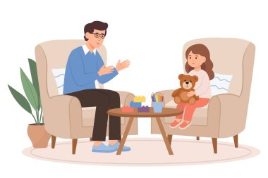 Çocuk psikoloğu koltukta küçük bir kızla çalışıyor. Psikolojik destek. Kasvetli konsept. Vektör düz resimleme