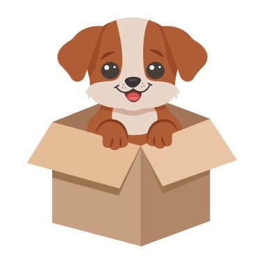 Karton kutunun içinde dilini gösteren şirin bir köpek. Evcil hayvan evlat edinme kavramı. Vektör İllüstrasyonu