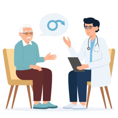 Doktor ve yaşlı hasta. Ereksiyon bozukluğu, protez iltihabı. İktidarsızlık, kısırlık sorunları. Stok vektör kümesi çizimi