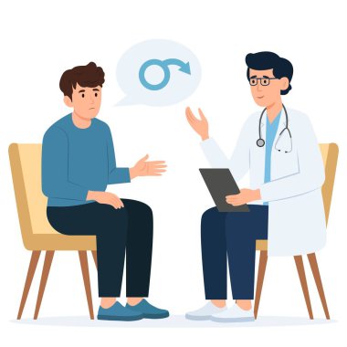 Doktor ve hasta. Ereksiyon bozukluğu, prostatit. İktidarsızlık, kısırlık sorunları. Stok vektör kümesi çizimi