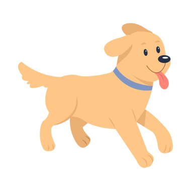Mutlu köpek koşar. Yaka telaşlı sevimli bir köpek. Şirin köpek yavrusu hareket halinde dilini gösteriyor. Beyaz arkaplanda vektör illüstrasyonu