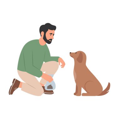 İnsan köpeğinin pisliğini temizler. Plastik torba içinde dışkıyı temizleyen bir insan. Vektör ilüstrasyonu.