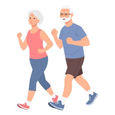 Yaşlı bir çift koşuyor. Kıdemli erkek ve kadın spor yapıyor. Aktif sağlıklı yaşam tarzı konsepti. Açık hava koşma etkinliği.