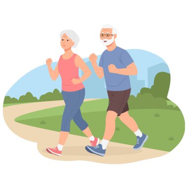 Sokak ve park alanında koşan yaşlı bir çift. Fitness, sağlık ya da sağlıklı yaşam tarzı. Yaşlı insanlar egzersiz, egzersiz ya da koşu yapıyor. Vektör İllüstrasyonu