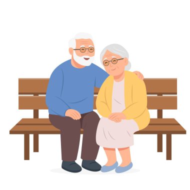 Yaşlılar yaşam tarzınız kutlu olsun. Tebessüm eden olgun bir çift bankta oturuyor. Vektör çizimi izole edildi