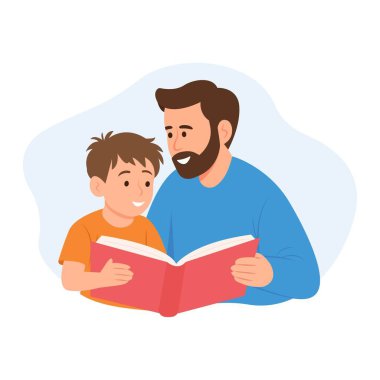 Tatlı gülümseyen baba ve oğlu peri masallarıyla kitap okuyorlar ya da aile fotoğrafı albümü izliyorlar. Babalar günü, ebeveynler, çocukluk, arkadaşlık kavramı. Vektör illüstrasyonu