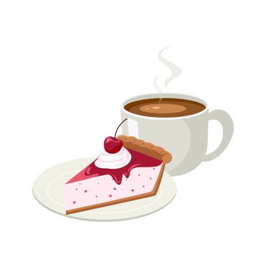 Bir fincan kahveli vişneli cheesecake dilimi. Ulusal Kirazlı Cheesecake Günü. Bir fincan espresso kahvesi. Vektör illüstrasyonu.