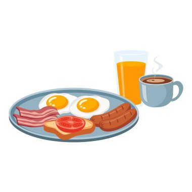 Kahvaltı zamanı vektör tasarımı. Geleneksel Amerikan kahvaltısı domuz pastırması, sosis, yumurta, tost, domates, kahve, portakal suyu.
