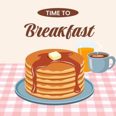 Kahvaltı zamanı vektör tasarımı. Tereyağı, akçaağaç şurubu, kahve, portakal suyu ve ev yapımı krep ile geleneksel Amerikan kahvaltısı.