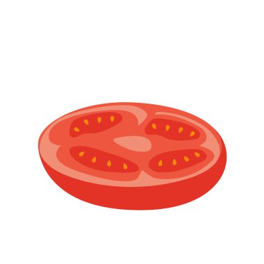 Tohumlu domates dilimi. Taze çiğ sebze dilimi. Düz vektör çizimi beyaz arkaplanda izole edildi