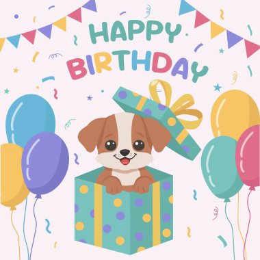 Parlak bir hediye kutusundan, balonlardan ve tipografiden neşeli bir şekilde çıkarılan doğum günü kartı tasarımı. Vektör illüstrasyonu