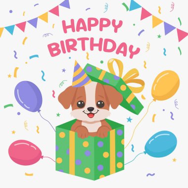 Parlak ambalajlı hediye kutusundan çıkan bir doğum günü tebrik kartı. Posta kartı, afiş, afiş ve afiş için şablon. Vektör İllüstrasyonu