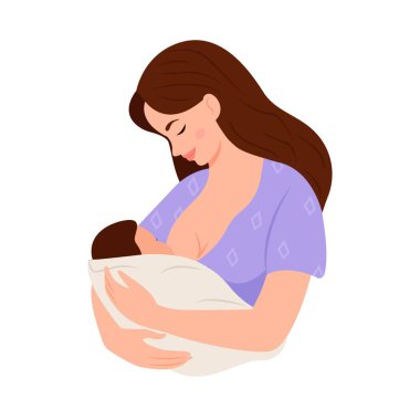 Anne yeni doğmuş bebeğini besliyor. Kadın bebeği memeyle besler. Vektör İllüzyonu