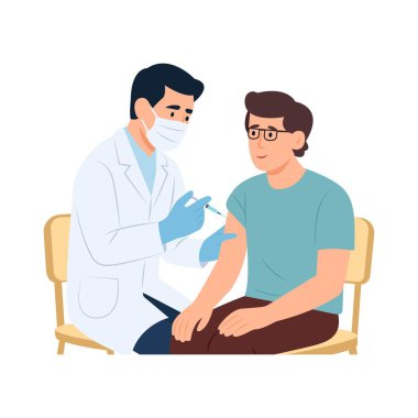 Klinikteki adama aşı yapan profesyonel bir doktor. Tıbbi sağlık konsepti, Vektör illüstrasyonu