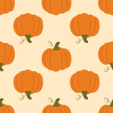 Turuncu balkabaklarıyla sonbahar pürüzsüz deseni. Vektör çizimi. Beyaz arka planda izole edilmiş. Sonbahar hasadı, Şükran Günü duvar kağıdı.