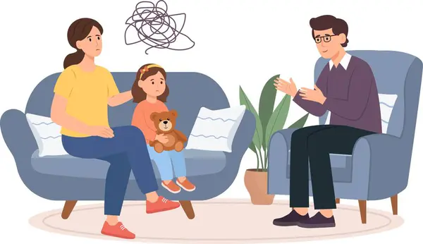 Anne ve kızı bir çocuk psikoloğunun ofisinde. Aile danışmanlığı. Psikolog ve profesyonel destek konsepti. Vektör illüstrasyonu