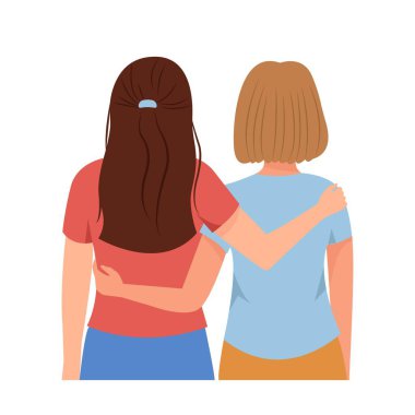 Sarılan kadınlar. Arkadan bakın. Kadın desteği kavramı. Psikolojik ve dostane yardım. Vektör illüstrasyonu.