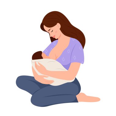 Anne yeni doğmuş bebeğini besliyor. Kadınlar bebeği emziriyor. Dünya Emzirme Haftası. Vektör İllüstrasyonu.