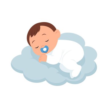 Bulutların üzerinde uyuyan şirin bir bebek. Yeni doğan rahat uyku kavramı. Vektör illüstrasyonu 