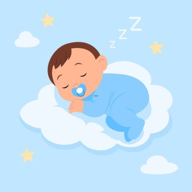 Bulutta uyuyan sevimli bir bebek. Yeni doğan konforlu uyku kavramı. Vektör illüstrasyonu