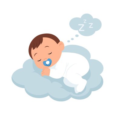 Bulutların üzerinde uyuyan şirin bir bebek. Yeni doğan rahat uyku kavramı. Vektör illüstrasyonu 