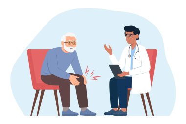Eski hasta ve doktor ofiste konuşuyorlar. Osteoartrit diz ağrısı ve yıpranmanın yol açtığı eklem ağrısı olan yaşlı bir hasta. Hekim hastaya danışır, teşhis koyar, tedavi önerir..