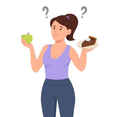 Diyet seçimi. Bir elinde elma, bir elinde çikolatalı turta ya da cheesecake olan zayıf bir kadın, hangisinin daha iyi olduğunu düşünüyor. Vektör illüstrasyonu arkaplanda izole edildi