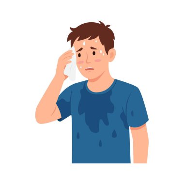 Man wiping sweat with napkin. Guy sweating a lot.  Boy with sweaty clothes. Vector illustration