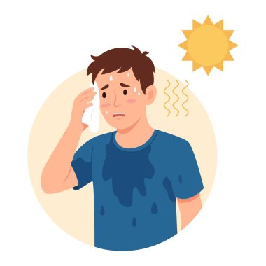 Man wiping sweat with napkin. Guy sweating a lot.  Boy with sweaty clothes. Vector illustration