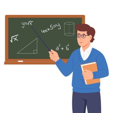Matematik öğretmeni konsepti. Adam tahtanın başında duruyor ve formüllere ve geometrik şekillere işaret ediyor. Eğitim ve eğitim. Düz vektör illüstrasyonu