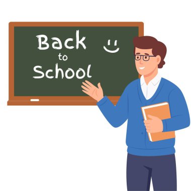 Okula dönelim. Öğretmen tahtaya yakın duruyor ve sınıfta öğrencileri selamlıyor. Vektör İllüstrasyonu