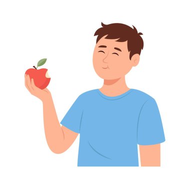 Adam elma yiyor. Diyet yemek, meyve, vitamin, sağlıklı yaşam tarzı, vejetaryen yemekleri, çiğ gıda diyeti. Düz vektör illüstrasyonu